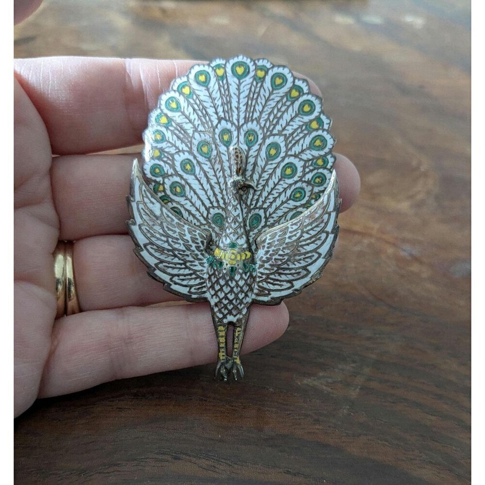 🎉Host Pick💖Art Nouveau Enamel and Silver Hinged Peacock Brooch from Siam
